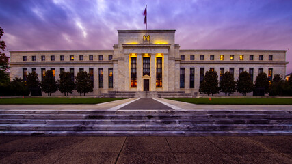 Front of the United States Federal Reserve Bank, the government agency that controls interest rates, at sunset in Washington DC in the Summer. - obrazy, fototapety, plakaty