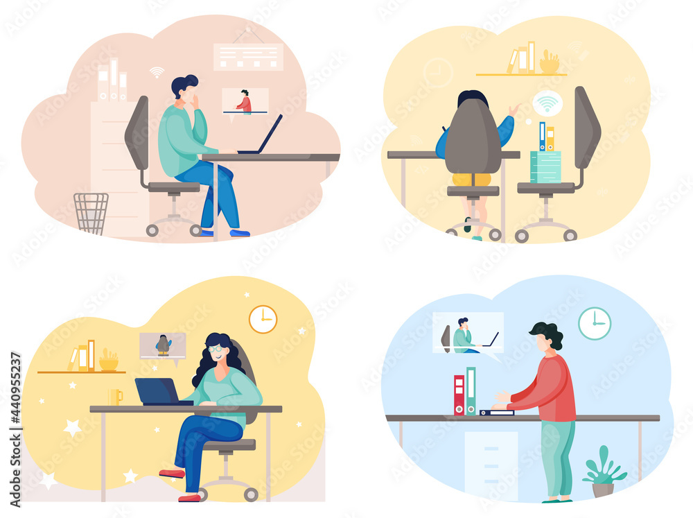 Poster business partners communicating, using video calling. men discuss work issues from distance sitting 