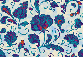 Paisley watercolor floral pattern tile: flowers, flores, tulips, leaves. Oriental indian traditional hand painted water color whimsical seamless print, ceramic design. Abstract india batik background
