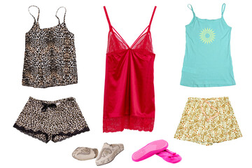 Collage set of female night gown isolated. The collection of night lingerie panties with leopard pattern with a top, red night dress with lace and a colorful pantie with top and house shoes.
