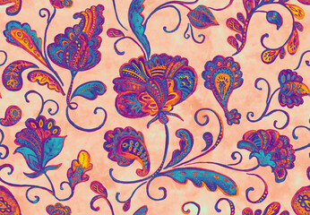 Paisley watercolor floral pattern tile: flowers, flores, tulips, leaves. Oriental indian traditional hand painted water color whimsical seamless print, ceramic design. Abstract india batik background