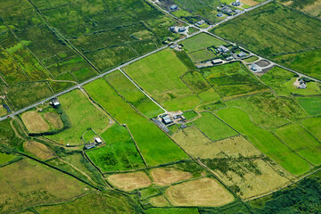 Aerial view of traditional Irish houses and farms in County Clare in Eire