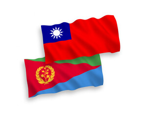 National vector fabric wave flags of Eritrea and Taiwan isolated on white background. 1 to 2 proportion.