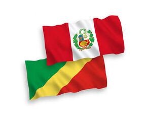 National vector fabric wave flags of Republic of the Congo and Peru isolated on white background. 1 to 2 proportion.