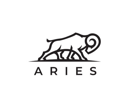 Aries logo concept. Zodiac ram line icon. Goat symbol. Horned animal sign. Vector illustration.