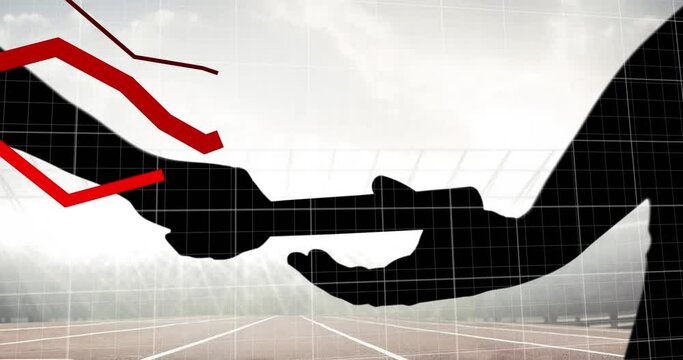 Red graphs moving over grid network against silhouette of hand passing a baton against sports field