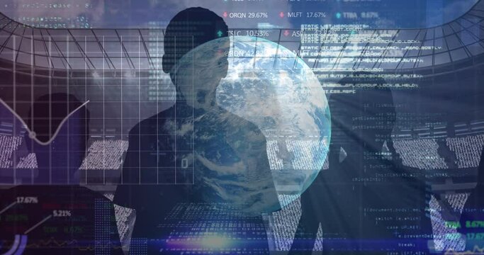Stock market data processing over globe and silhouette of fans against sports stadium - Powered by Adobe