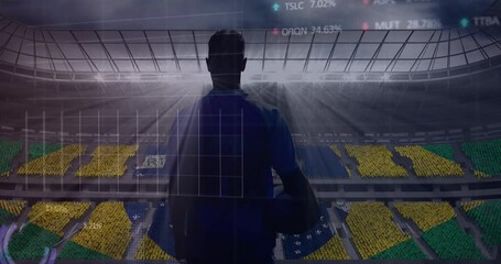 Stock market data processing over rear view of male rugby player against sports stadium - Powered by Adobe