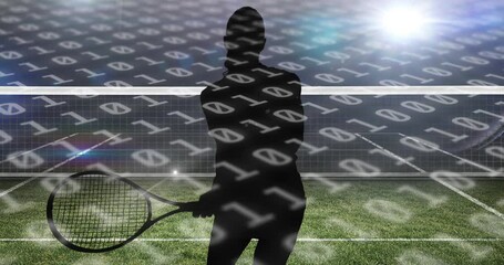 Binary coding data processing against silhouette of female tennis player against tennis court - Powered by Adobe