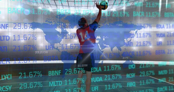 Stock market data processing on world map against male volleyball player against sports stadium - Powered by Adobe