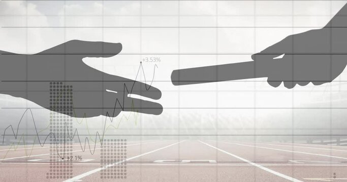 Statistical data processing against silhouette of hand passing a baton against sports field