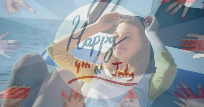 Animation of happy 4th of july text over smiling woman sailing in yacht