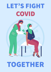 Vaccination poster flat vector template. Covid protection. Muslim women in hospital. Brochure, booklet one page concept design with cartoon characters. Medicine flyer, leaflet with copy space