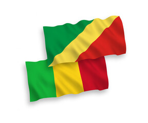 National vector fabric wave flags of Republic of the Congo and Mali isolated on white background. 1 to 2 proportion.