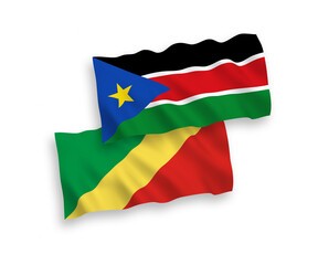 National vector fabric wave flags of Republic of the Congo and Republic of South Sudan isolated on white background. 1 to 2 proportion.