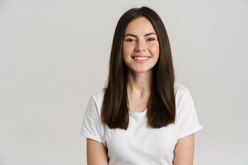 Close up portrait of a smiling young white woman