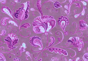 Paisley watercolor floral pattern tile: flowers, flores, tulips, leaves. Oriental indian traditional hand painted water color whimsical seamless print, ceramic design. Abstract india batik background