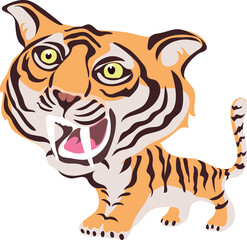 Saber-toothed tiger, the image of the tiger is stylized and in different colors, cartoon