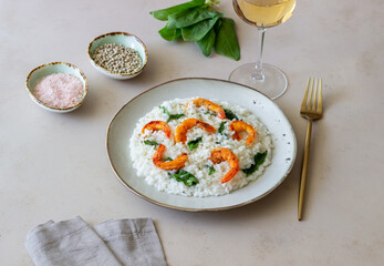 Risotto with shrimps and spinach. Healthy food. Vegetarian food.