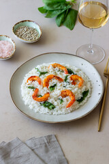 Risotto with shrimps and spinach. Healthy food. Vegetarian food.