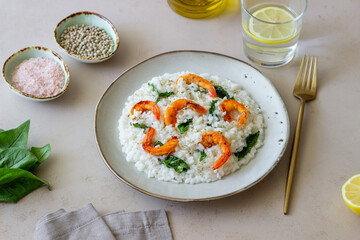Risotto with shrimps and spinach. Healthy food. Vegetarian food.