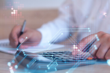 A research and development specialist computing the data to create a new approach to develop high...
