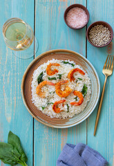 Risotto with shrimps and spinach. Healthy food. Vegetarian food.