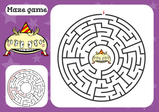 Maze game for children Cute cartoon worksheet . Vector illustration