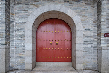 The Great Red Gate, an ancient building of Tianhou Palace, Nansha, Guangzhou, China