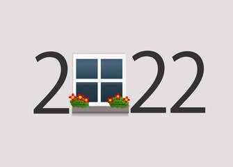 Happy new year 2022. 2022 with window on isolated background
