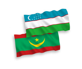 National vector fabric wave flags of Islamic Republic of Mauritania and Uzbekistan isolated on white background. 1 to 2 proportion.