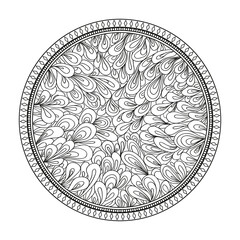Circle zendala. Abstract element. Zentangle. Hand drawn foliage mandala on isolation background. Design for spiritual relaxation for adults. Print for polygraphy, t-shirts and textiles. Zen art