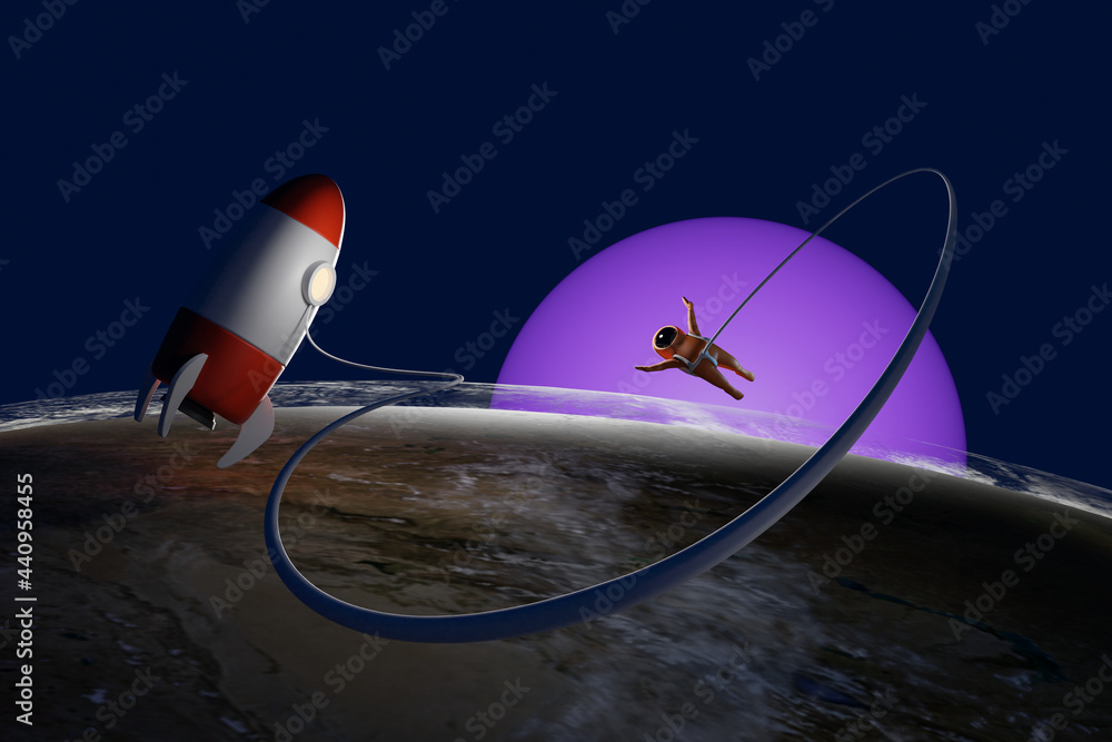 Wall mural little space boy exploring an unknown planet. astronaut kid floating in space. 3d rendering.