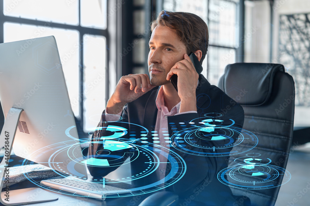 Poster businessman in suit has conference call to optimize development by implying new technologies in busi
