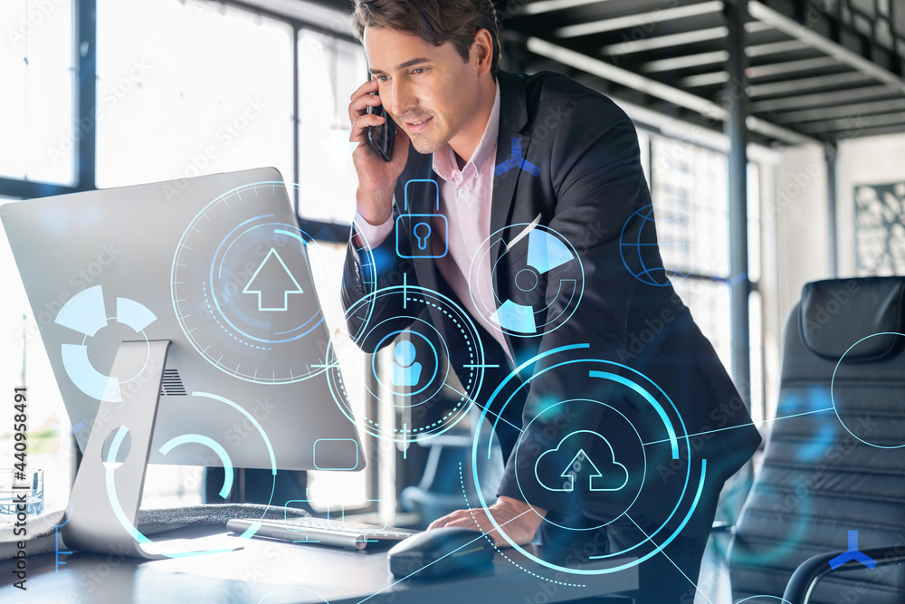 Poster businessman in suit has conference call to optimize development by implying new technologies in busi