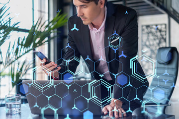 Businessman in suit using smart phone to optimize development by implying new technologies in...