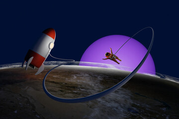 Little space boy exploring an unknown planet. Astronaut kid floating in space. 3D rendering. © Jamo Images