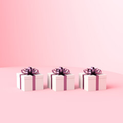 White gift boxes with purple ribbon, on pink background with empty copy space. Concept for women and holidays. 3D Rendering