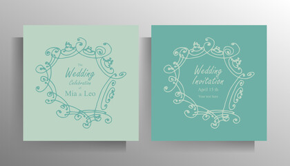 Design wedding invitation template set. Hand drawn doodle frame for your text. Vector illustration of pastel colors.