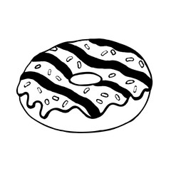 One doughnut in icing and chocolate on a white background.Vector confectionery can be used in menus, packages,and postcards.Doodle illustration.