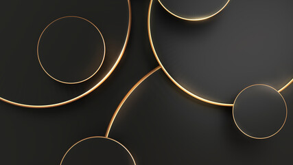 Abstract geometric black background with a golden glow, with glitter, with figures in the shape of a circle. 3D Render