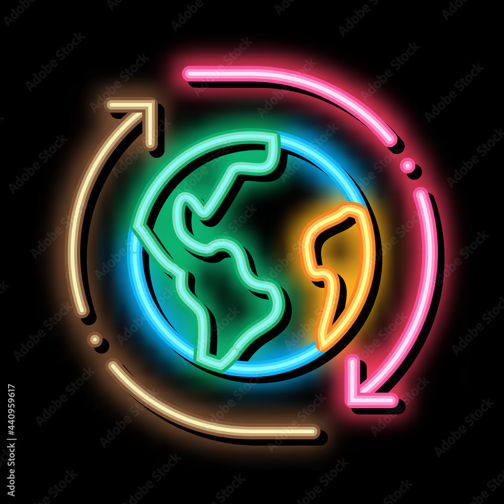 Wall mural planet rotation neon light sign vector. Glowing bright icon planet rotation sign. transparent symbol illustration