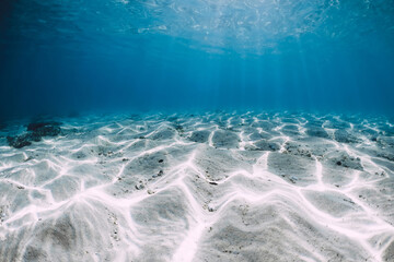 Transparent blue ocean with white sand underwater in Hawaii
