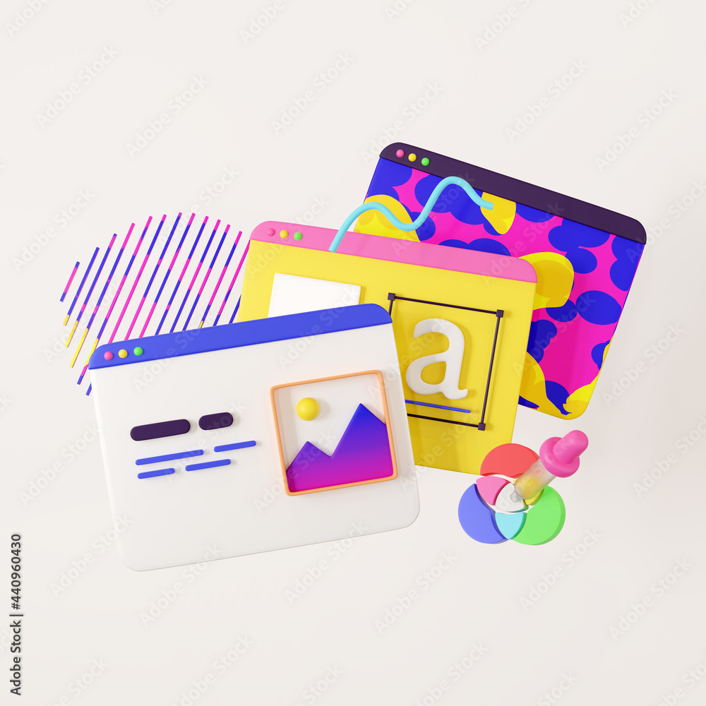 Aufkleber web design development, design studio, creative process. 3d render