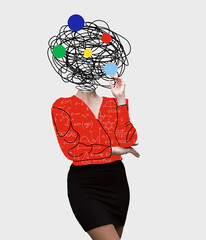 Chaos in woman's head and hurricane of thoughts. Modern design, contemporary art collage. Inspiration, idea, trendy urban magazine style. Line art