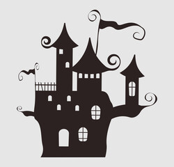 chateau halloween. Without background. Black and white illustration. 