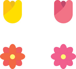 Set of  four colorful flowers, including 2 tulips. Flowers are pink and yellow, simplistic style, flat design. 