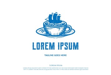 Vintage Retro Boat Ship with Coffee Mug for Cafe Restaurant Logo Design Vector