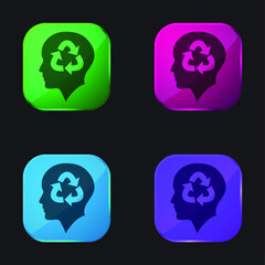 Bald Person Head With Recycle Symbol four color glass button icon