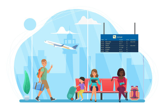 Happy people travel, wait at airport for trip flight vector illustration. Cartoon man tourist character walking, young mother with kid sitting on seats, woman reading in waiting area isolated on white